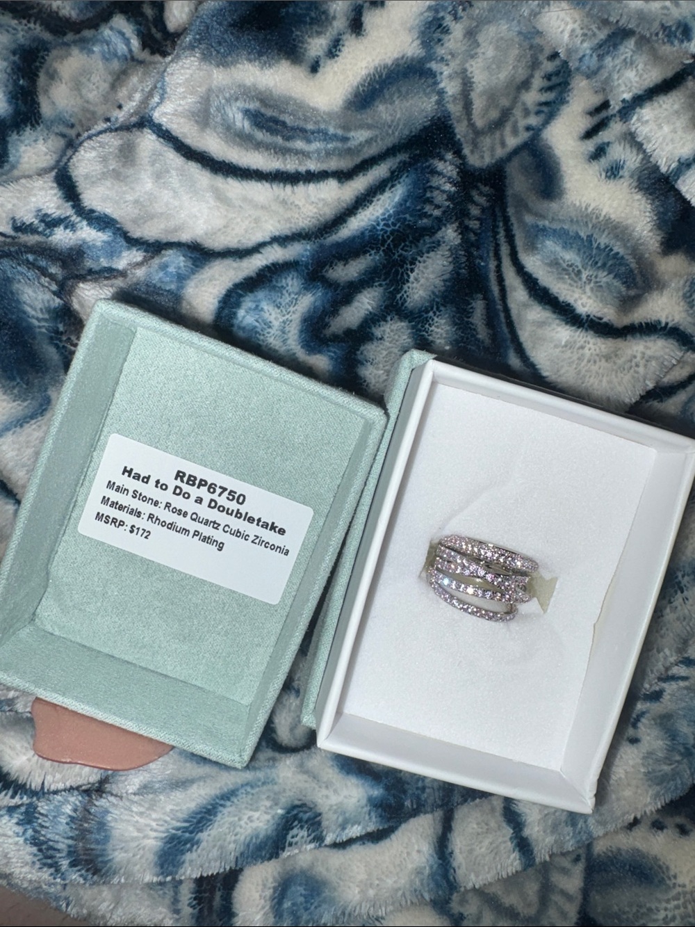 Bomb Party- Rhodium-Plated Triple Band Ring with Rose Quartz Cubic Zirconia
